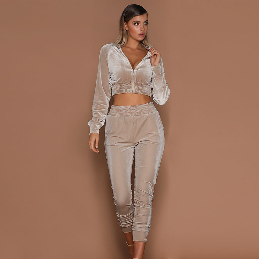 Women's Two-piece Velvet European And American Autumn And Winter Zippered Sports Trousers