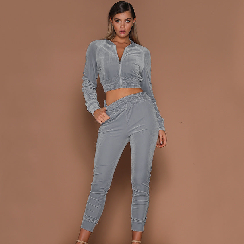 Women's Two-piece Velvet European And American Autumn And Winter Zippered Sports Trousers