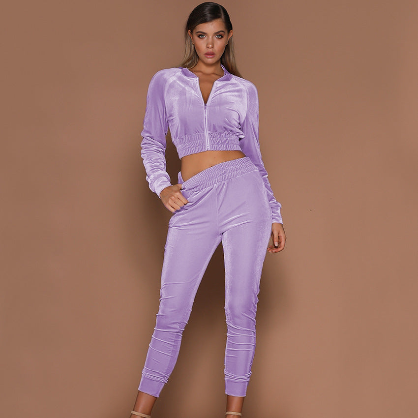 Women's Two-piece Velvet European And American Autumn And Winter Zippered Sports Trousers