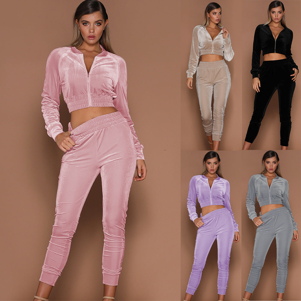 Women's Two-piece Velvet European And American Autumn And Winter Zippered Sports Trousers